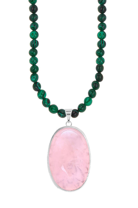 Malachite Beads Necklace With Rose Quartz Pendant - SS