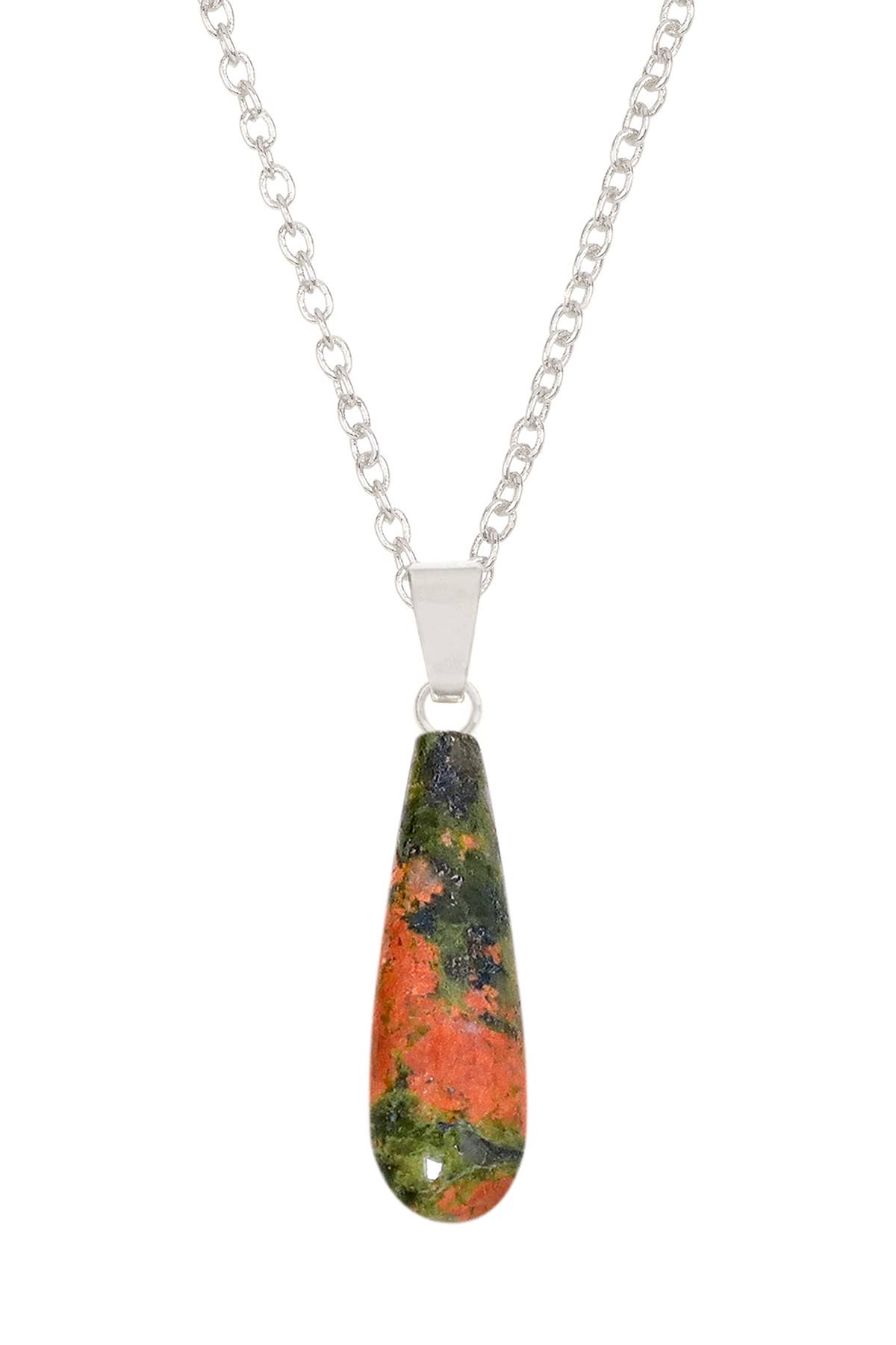 Sterling Silver & Unakite Teardrop Pendant Necklace - SS