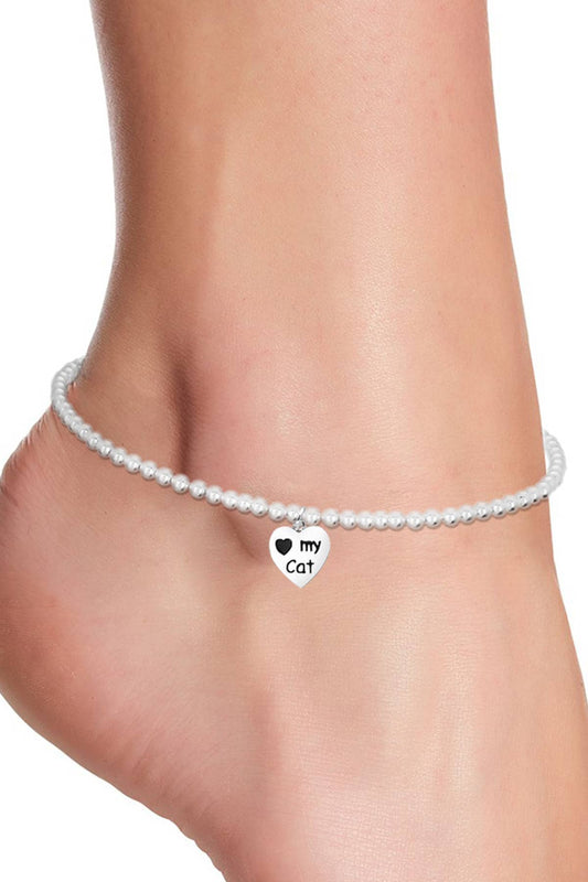 I Love My Cat Charm Beaded Anklet - SF