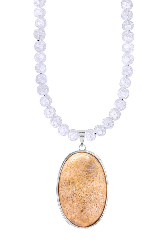 Crystal Quartz Beads Necklace With Lily Fossil Pendant - SS
