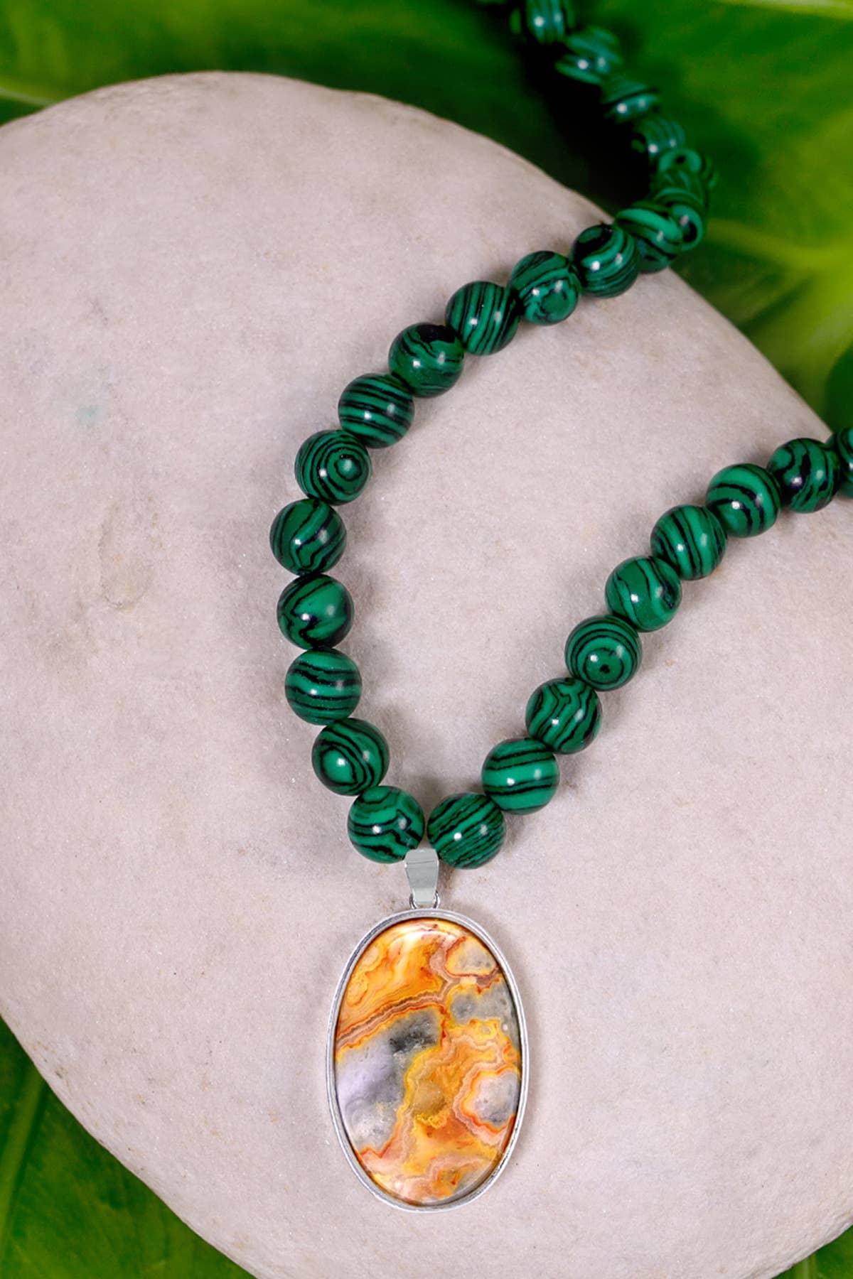 Malachite Beads Necklace With Crazy Lace Agate Pendant - SS