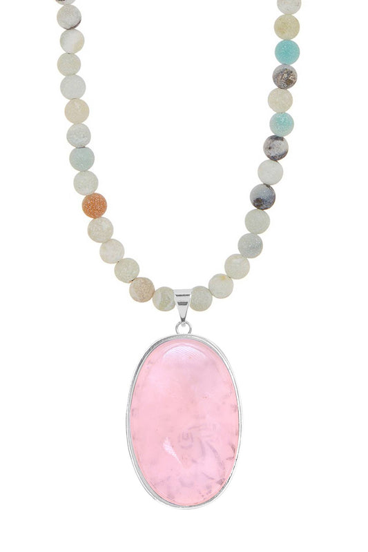 Amazonite Beads Necklace With Rose Quartz Pendant - SS