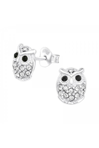 Sterling Silver Owl Ear Studs With Crystal - SS