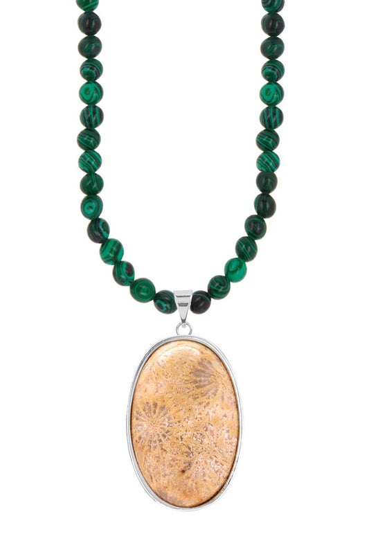 Malachite Beads Necklace With Lily Fossil Pendant - SS