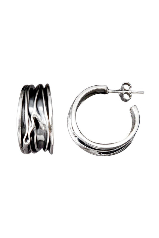 Oxidized Silver Textured Hoop Earrings - SS