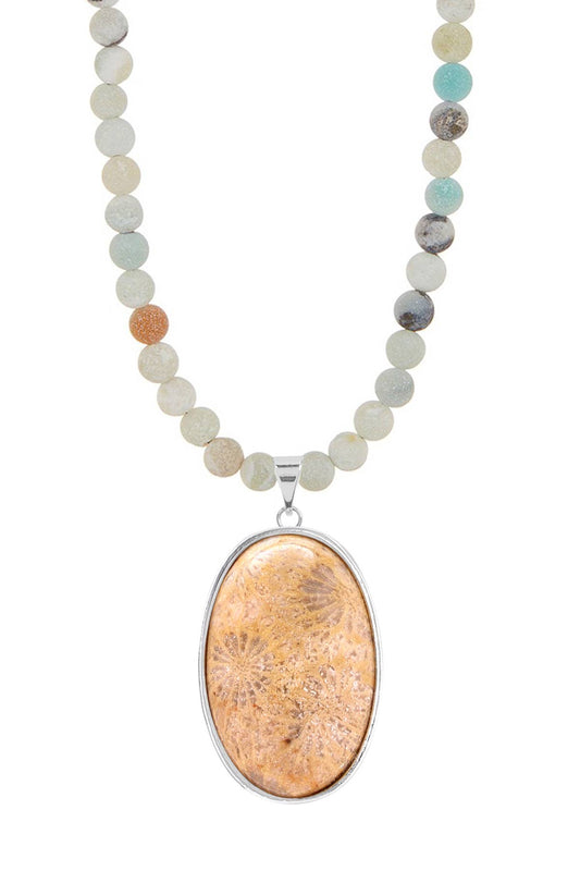 Amazonite Beads Necklace With Lily Fossil Pendant - SS