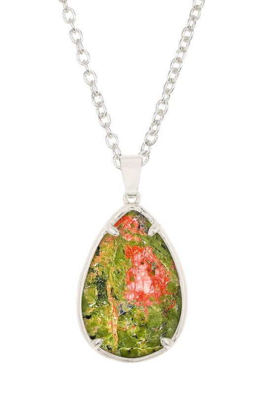Sterling Silver & Unakite Pear Cut Pendant Necklace - SS